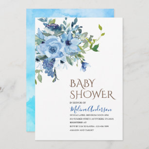 Invitation Baby shower d'aquarelle Boho Blue Flowers