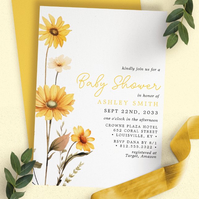 Invitation Baby shower d'aquarelle Boho Fleur sauvage jaune (Créateur téléchargé)