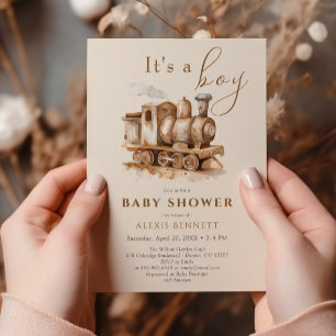 Invitation Baby shower d'aquarelle Boho vintage Train