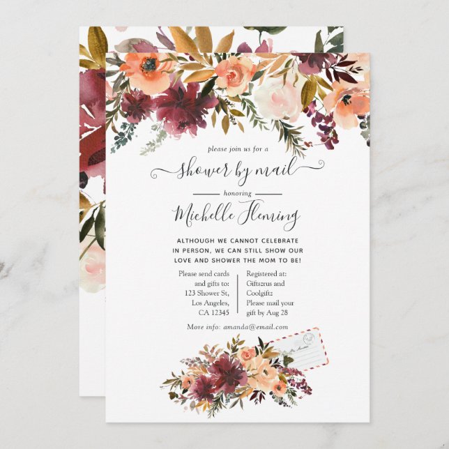 Invitation Baby shower d'aquarelle Bordo Peach par courrier (Devant / Derrière)