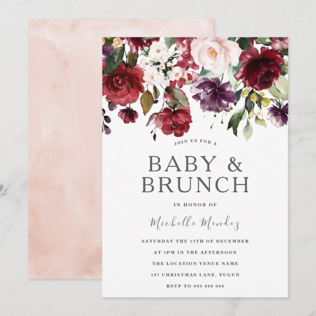 Invitation Baby shower d'aquarelle Burgundy et Brunch (Devant / Derrière)