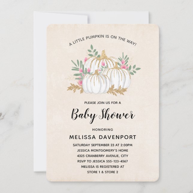Invitation Baby shower d'aquarelle Citrouille blanc et or (Devant)