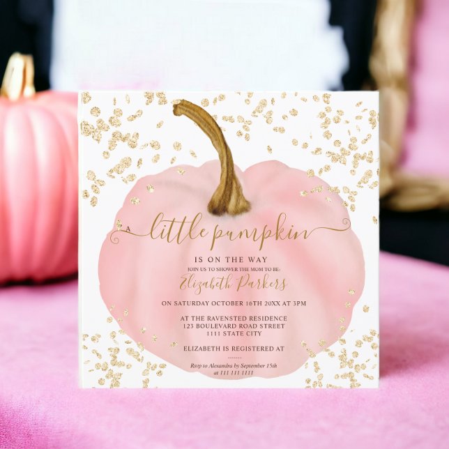 Invitation Baby shower d'aquarelle citrouille parties scintil (Gold glitter pink pumpkin watercolor baby shower invitation)