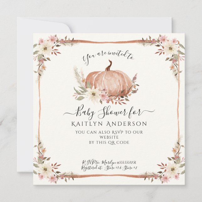 Invitation Baby shower d'aquarelle Citrouille rose automne (Devant)
