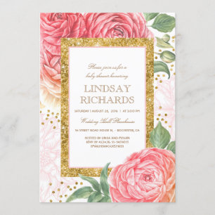 Invitation Baby shower d'aquarelle couleur or rose Floral