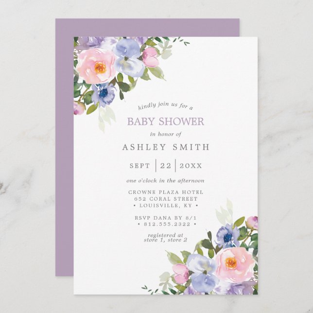 Invitation Baby shower d'aquarelle couleur rose violet (Devant / Derrière)