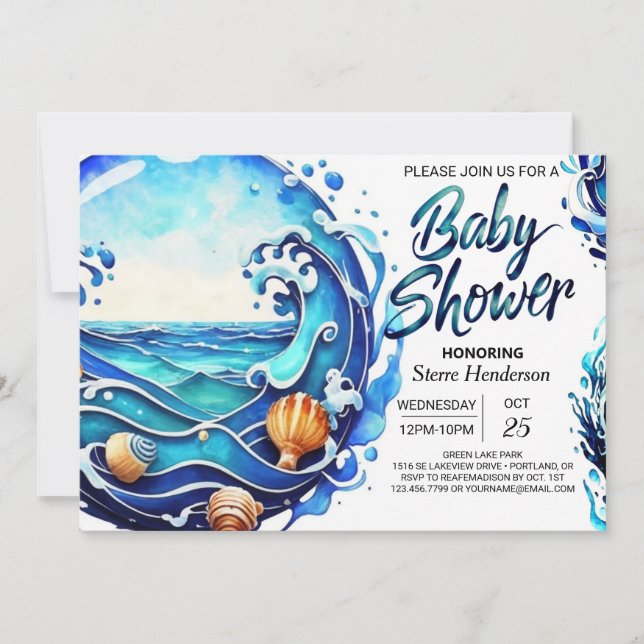 Invitation Baby shower d'aquarelle Cute Blue Waves (Devant)