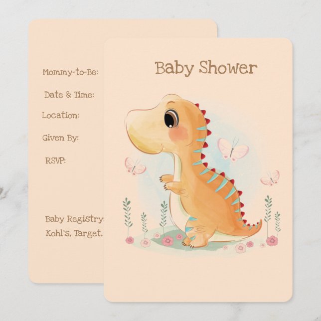 Invitation Baby shower d'aquarelle Cute Dinosaur (Devant / Derrière)