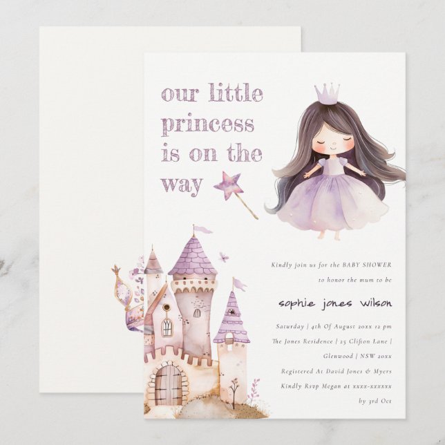 Invitation Baby shower d'aquarelle Cute Lilac Princess Castel (Devant / Derrière)