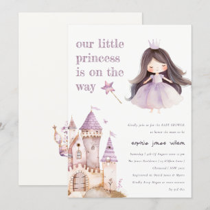 Invitation Baby shower d'aquarelle Cute Lilac Princess Castel