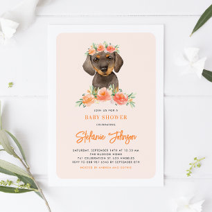 Invitation Baby shower d'aquarelle Dachshund Peach Florals