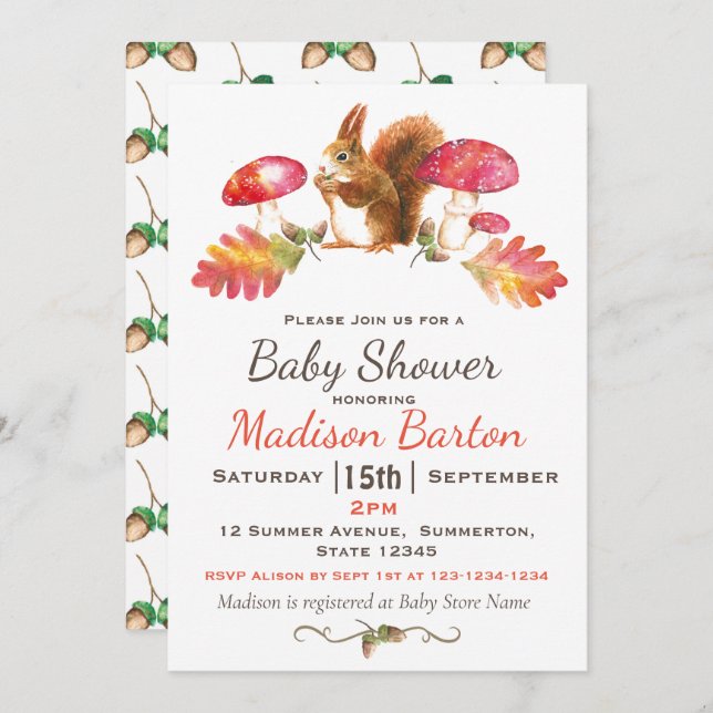 Invitation Baby shower d'aquarelle d'automne en bois d'écureu (Devant / Derrière)