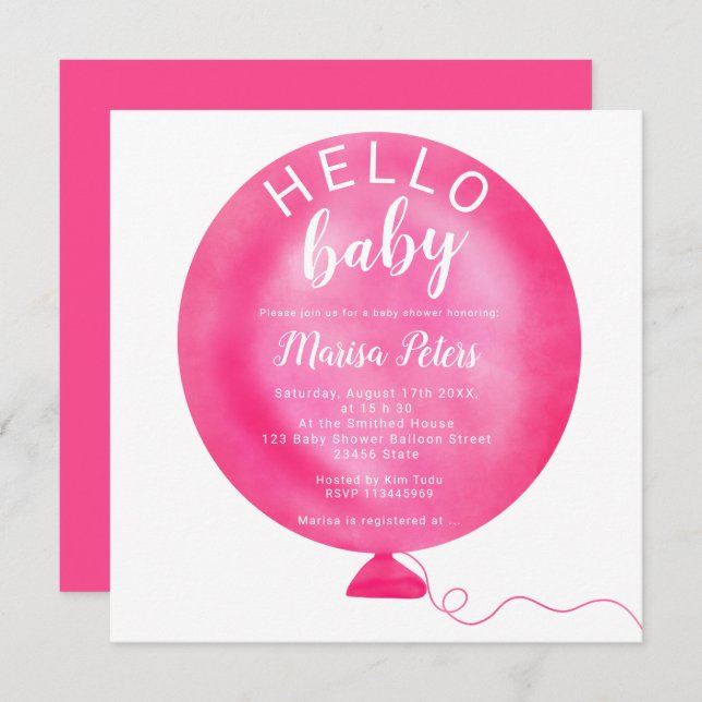 Invitation baby shower d'aquarelle de ballon rose néon modern (Devant / Derrière)