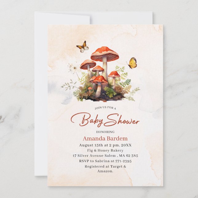 Invitation Baby shower d'aquarelle de champignon lunaire (Devant)