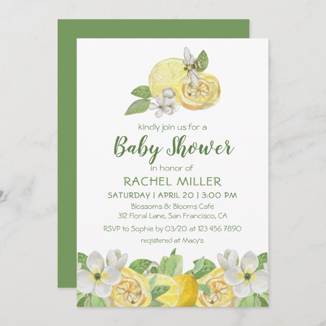Invitation Baby shower d'aquarelle de citron floral moderne (Devant / Derrière)