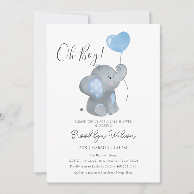 Invitation Baby shower d'aquarelle de garçon Elephant (Devant)
