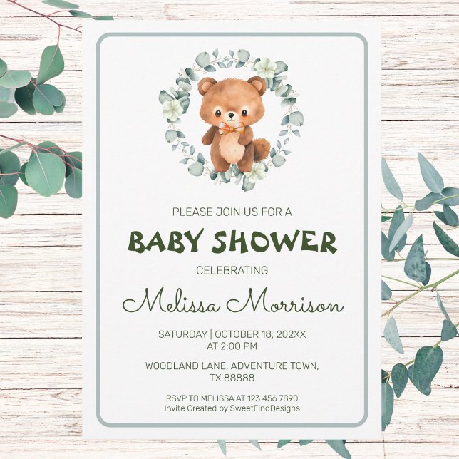 Invitation Baby shower d'aquarelle de la forêt d'ours (Bear Forest Watercolor Baby Shower Invitation)