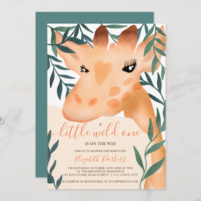 Invitation baby shower d'aquarelle de la girafe dans la jungl (Devant / Derrière)