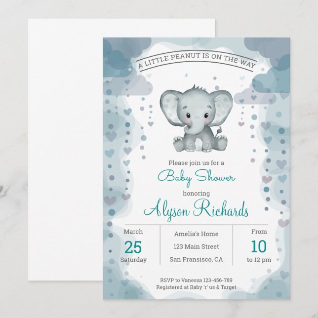 Invitation Baby shower d'aquarelle de l'éléphant g (Devant / Derrière)