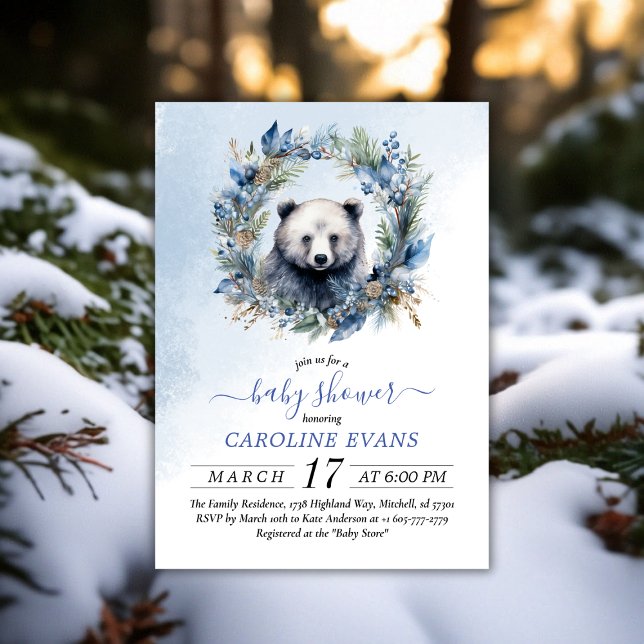 Invitation Baby shower d'aquarelle de l'ours d'hiver (Winter Bear Watercolor Baby Shower Invitation)