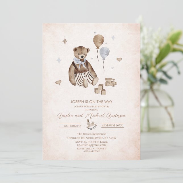 Invitation baby shower d'aquarelle de l'ours en peluche vinta (Debout devant)