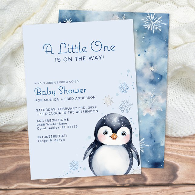 Invitation Baby shower d'aquarelle de manchot d'hi (Adorable Penguin Baby Shower Invite)
