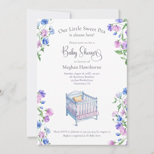 Invitation Baby shower d'aquarelle de pois doux (Devant)