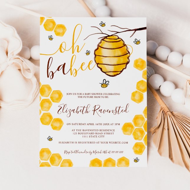 Invitation Baby shower d'aquarelle de ruche de l'abeille mign (Yellow honeycomb beehive watercolor baby shower invitation)