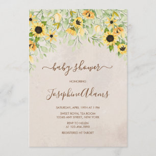 Invitation Baby shower d'aquarelle de tournesol jaune rustiqu