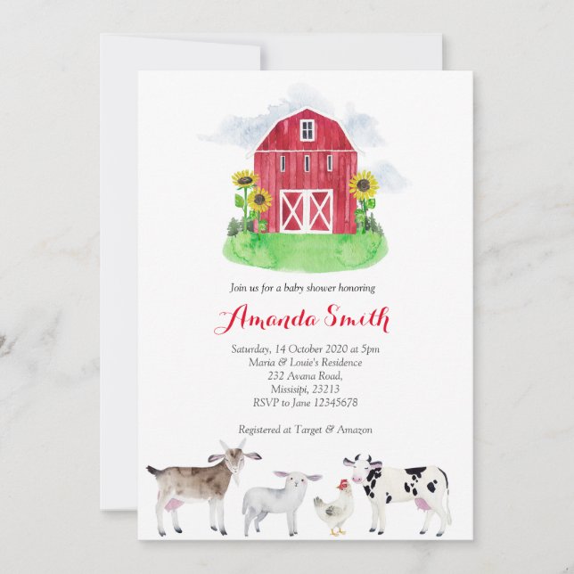 Invitation BABY SHOWER d'aquarelle des ANIMAUX DE LA FERME In (Devant)