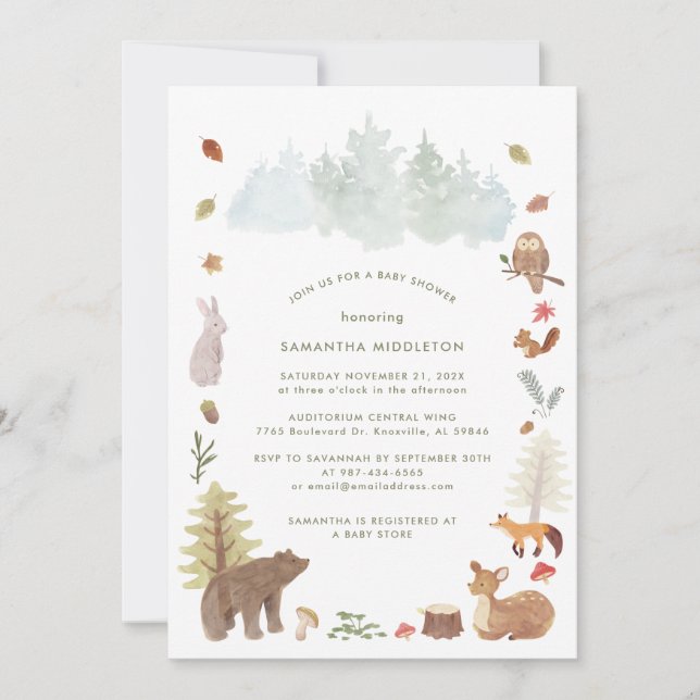 Invitation Baby shower d'aquarelle des animaux forestiers (Devant)