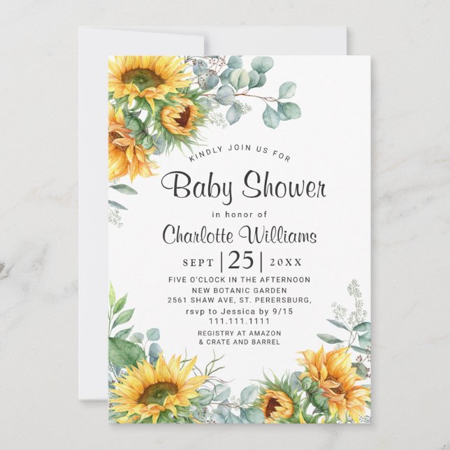 Invitation Baby shower d'aquarelle des tournesols Eucalyptus (Devant)