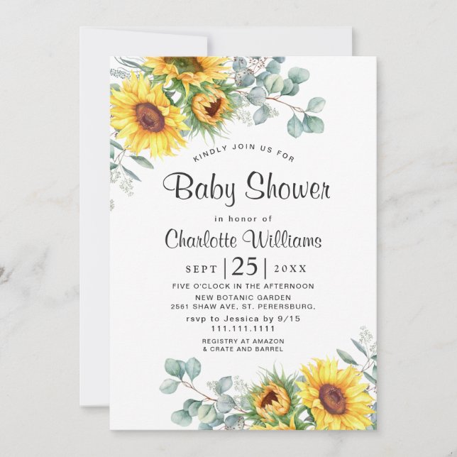 Invitation Baby shower d'aquarelle des tournesols Eucalyptus (Devant)