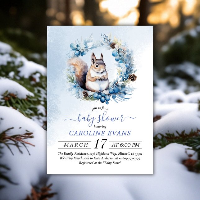 Invitation Baby shower d'aquarelle d'hiver (Winter Squirrel Watercolor Baby Shower Invitation)