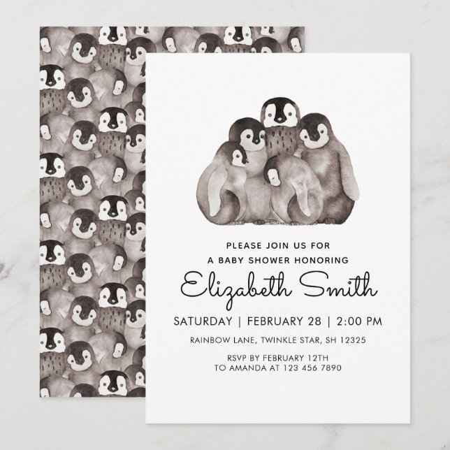 Invitation Baby shower d'aquarelle d'hiver pour bébés mignons (Devant / Derrière)