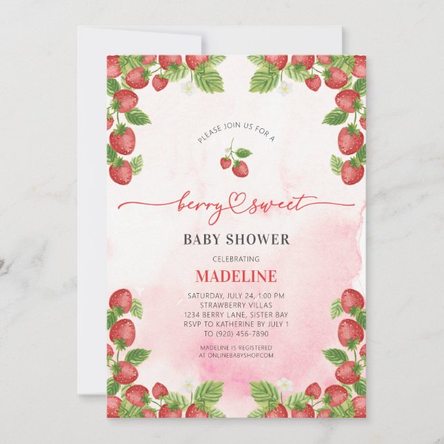 Invitation Baby shower d'aquarelle douce aux fraises Berry (Devant)