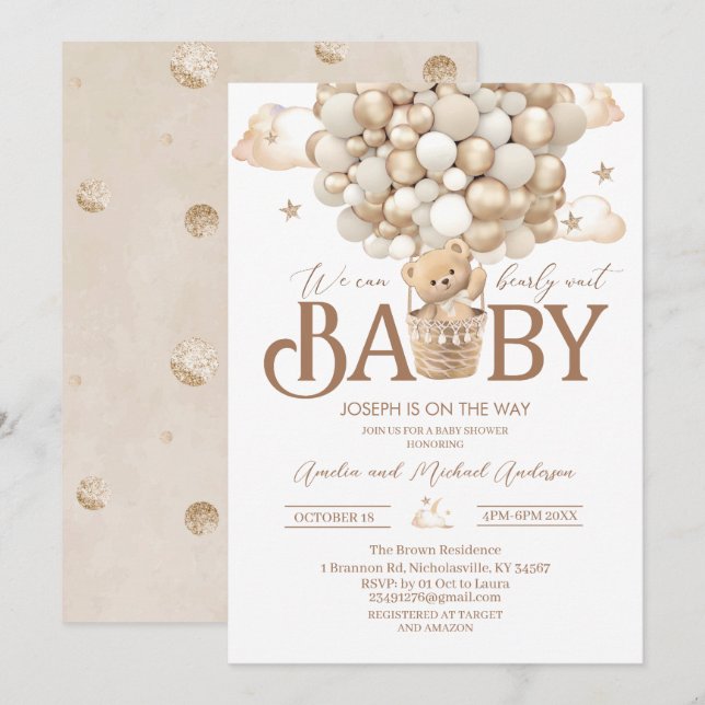 Invitation Baby shower d'aquarelle d'ours en peluche moderne (Devant / Derrière)