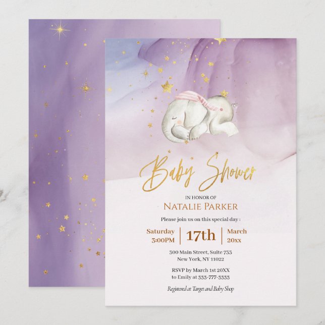 Invitation Baby shower d'aquarelle Elephant Little Star (Devant / Derrière)