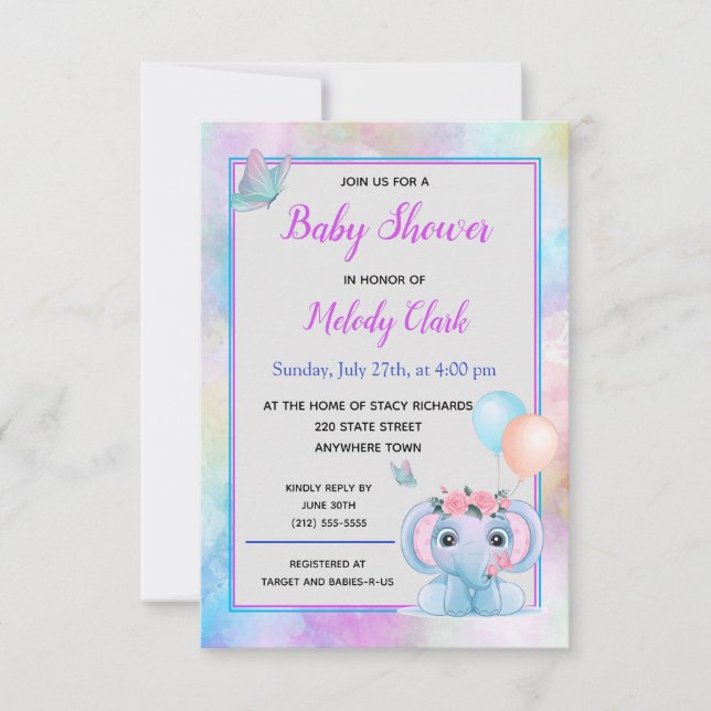Invitation Baby shower d'aquarelle Eléphant mignon (Devant)