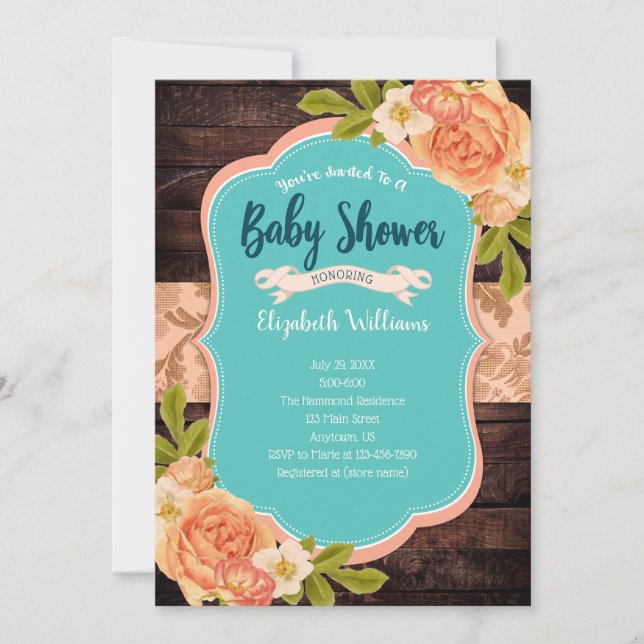 Invitation Baby shower d'aquarelle en bois Turquoise (Devant)