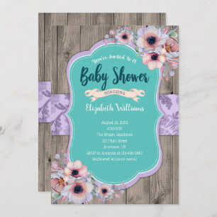 Invitation Baby shower d'aquarelle en bois turquoise violet