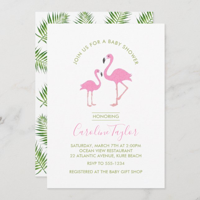 Invitation Baby shower d'aquarelle Flamant rose rose (Devant / Derrière)