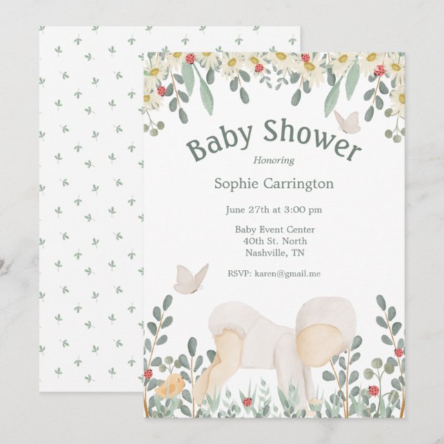 Invitation Baby shower d'aquarelle fleurie (Devant / Derrière)