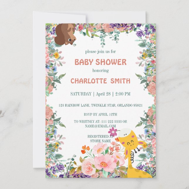 Invitation Baby shower d'aquarelle fleurie de la petite giraf (Devant)