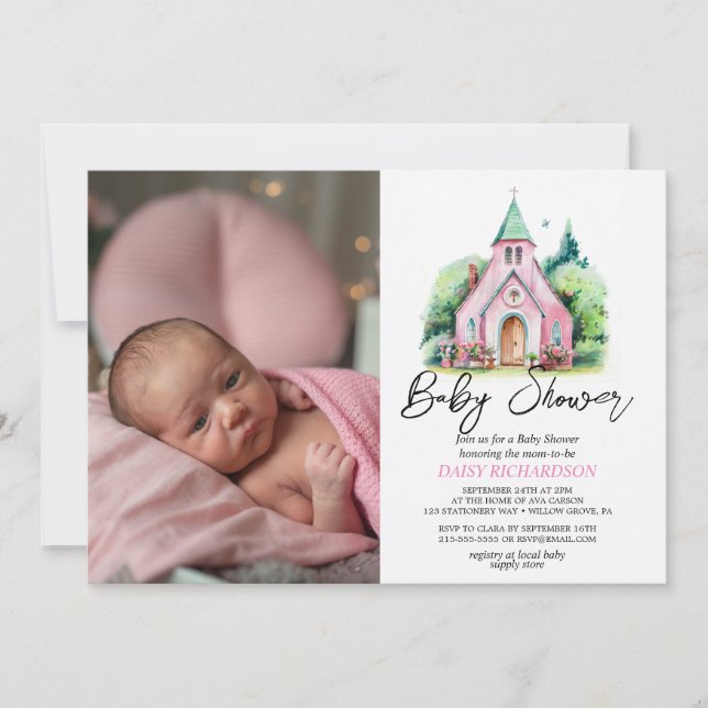 Invitation Baby shower d'aquarelle fleurie de l'église rose (Devant)