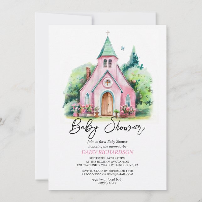 Invitation Baby shower d'aquarelle fleurie de l'église rose (Devant)
