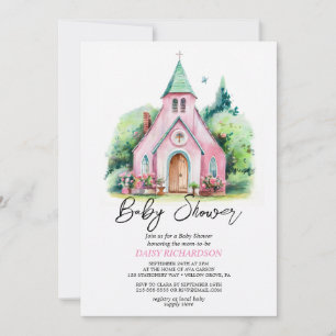 Invitation Baby shower d'aquarelle fleurie de l'église rose