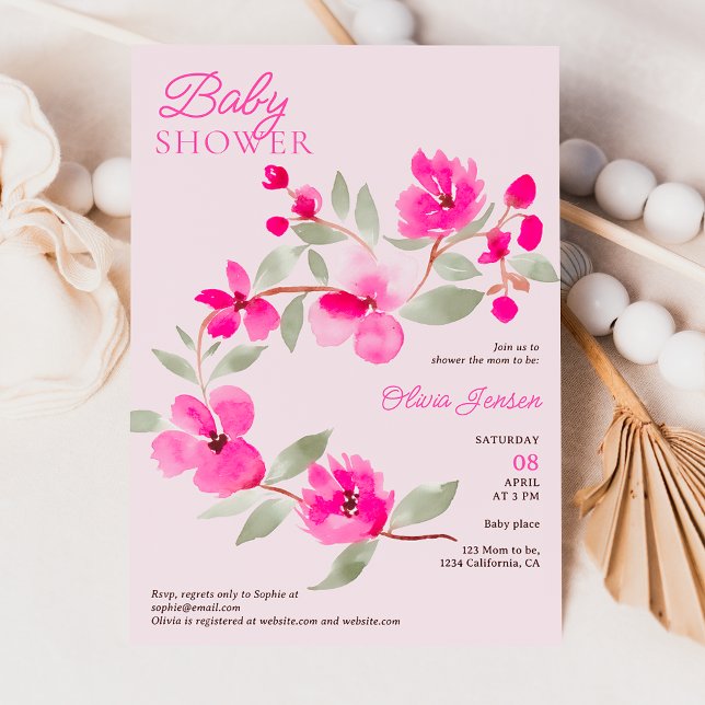 Invitation Baby shower d'aquarelle fleurie de sakura rose mod (Modern pink sakura floral watercolor baby shower invitation on pink)