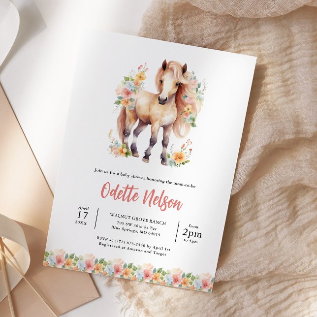 Invitation Baby shower d'aquarelle Floral Horse (Créateur téléchargé)