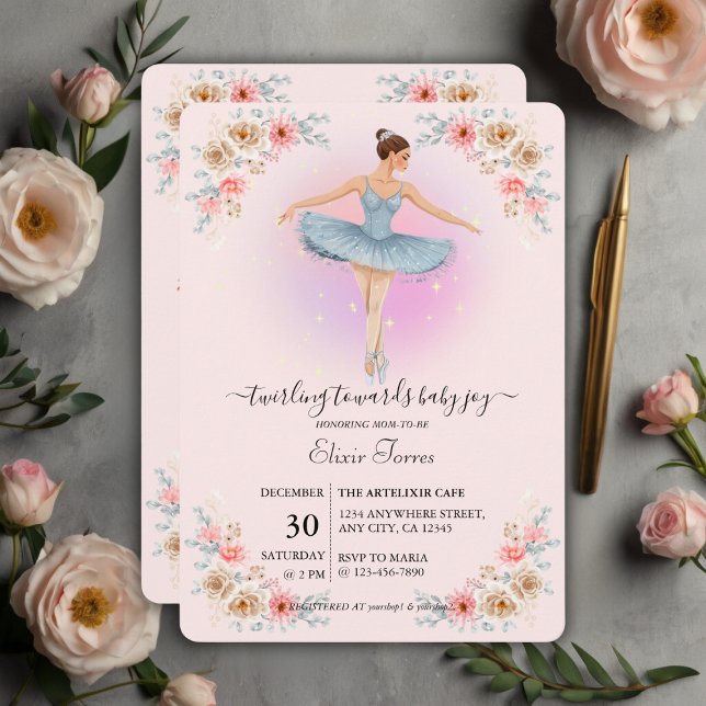 Invitation Baby shower d'aquarelle floral Twirling (Créateur téléchargé)